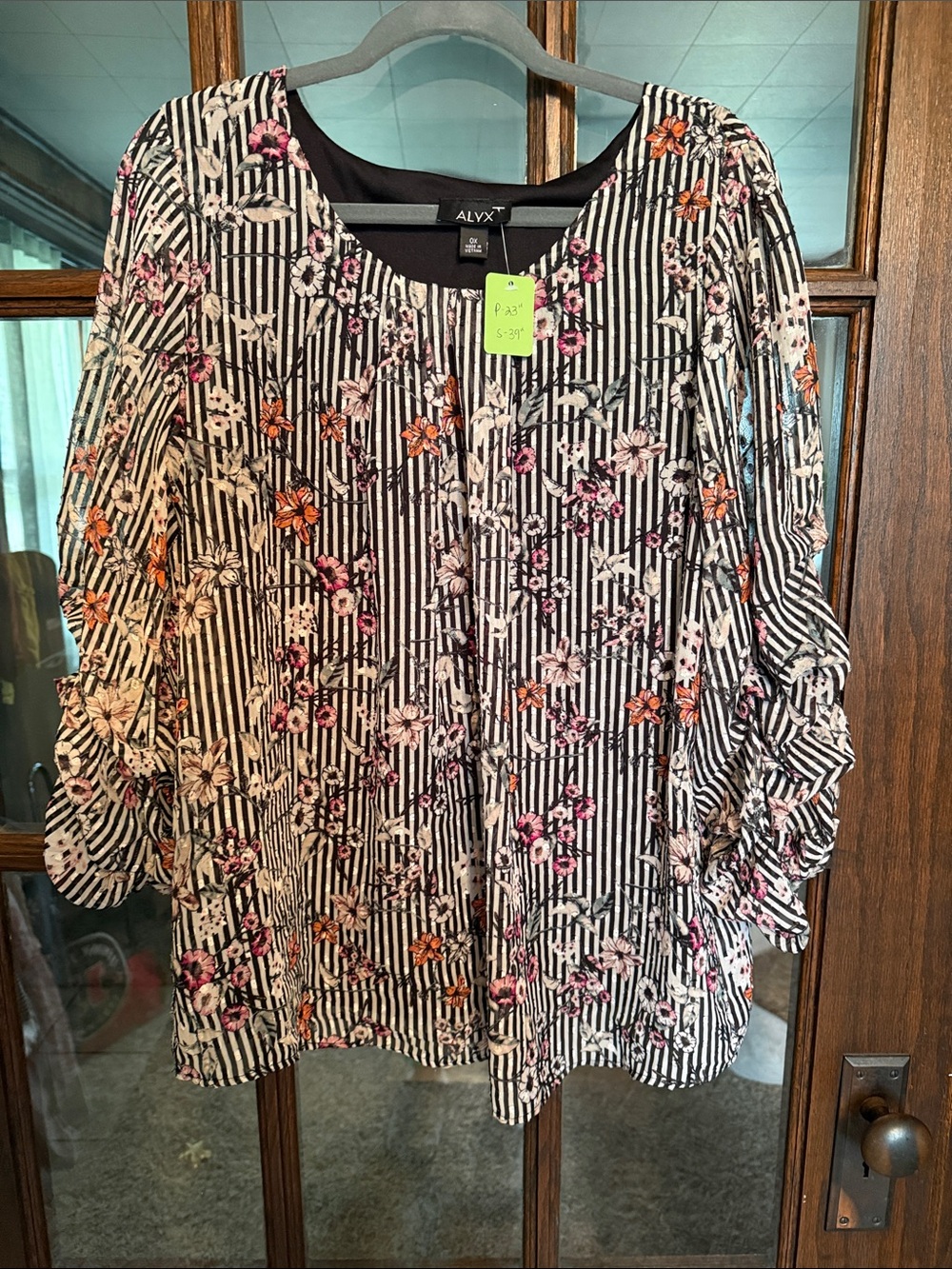ALYX Black & White Striped Blouse with Pink and Orange Floral Print